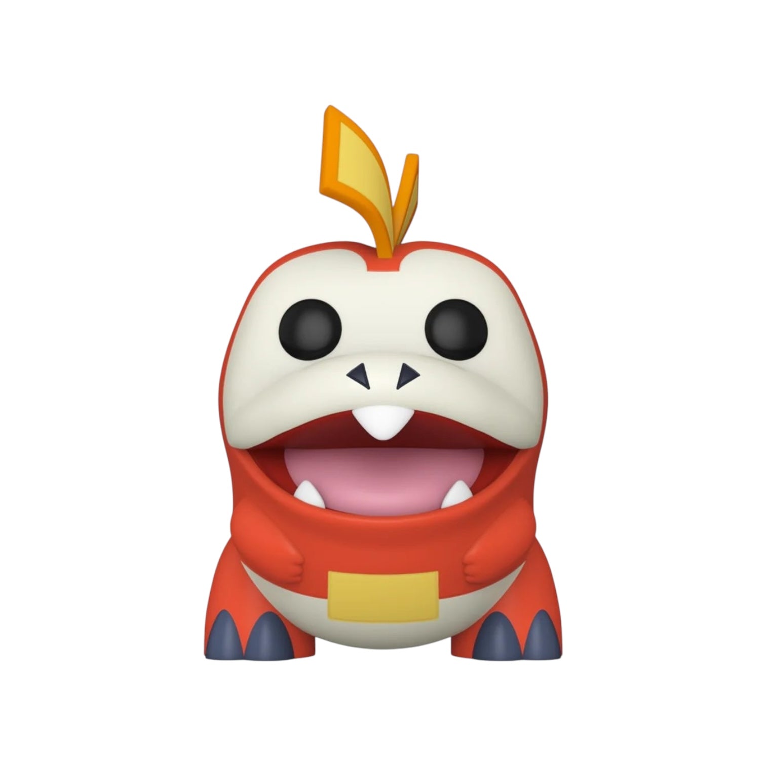 Fuecoco orange bodied and white faced, with a open mouth showing his 3 sharp teeth