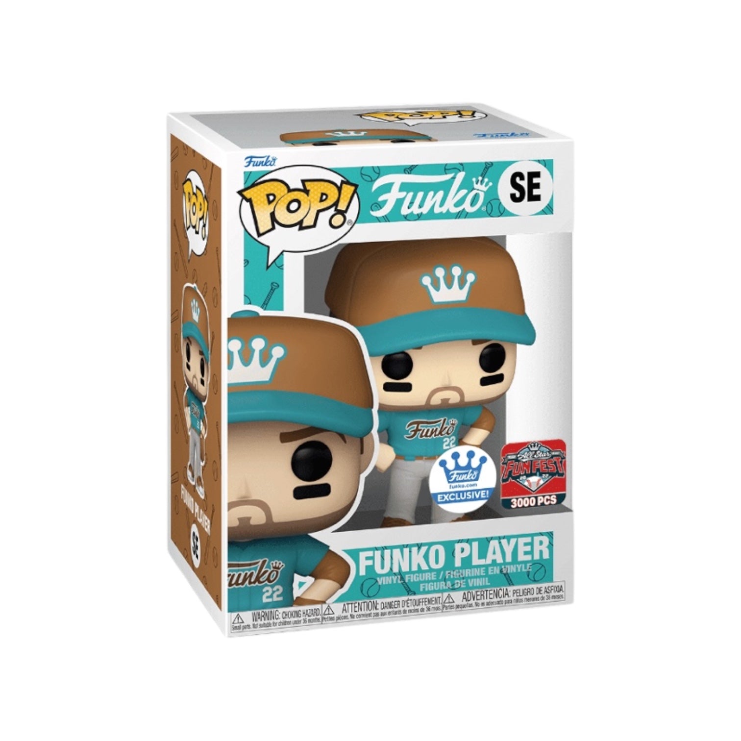 Funko Player standing with hands on hips with a blue Funko baseball shirt on, a blue and brown cap and a baseball mitt on.