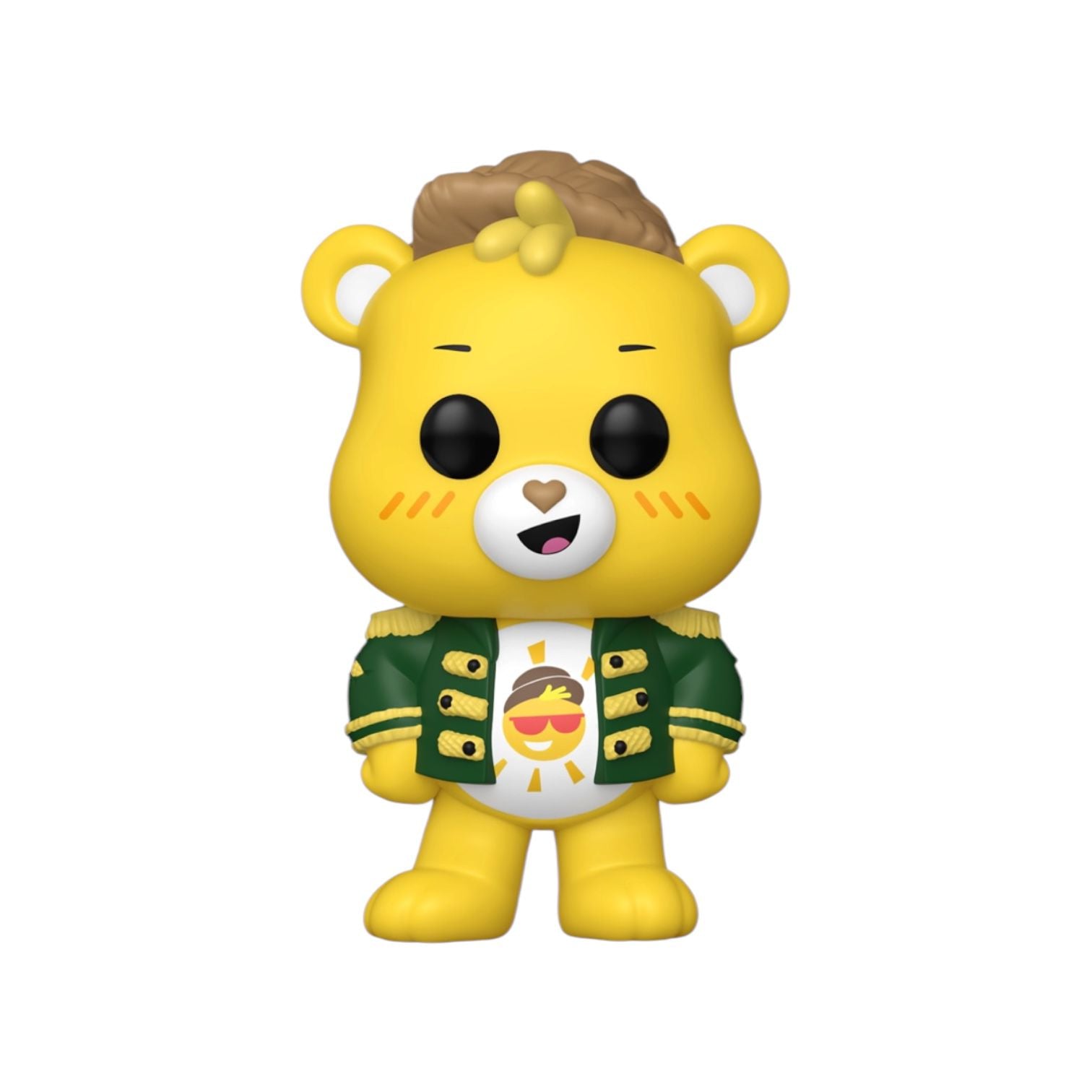 Yellow bear-like figurine with a green jacket on a white background