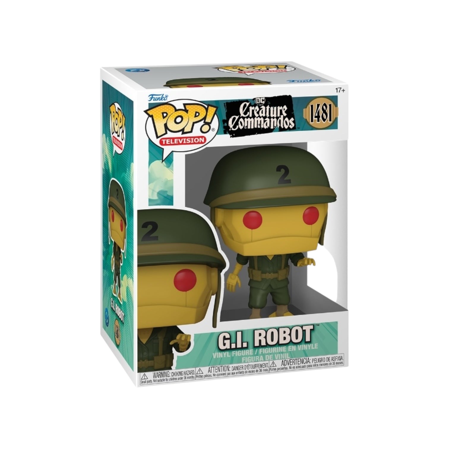 The figure has a yellow robot-like face with large red circular eyes, wearing a green military uniform and helmet with the number '2' on it