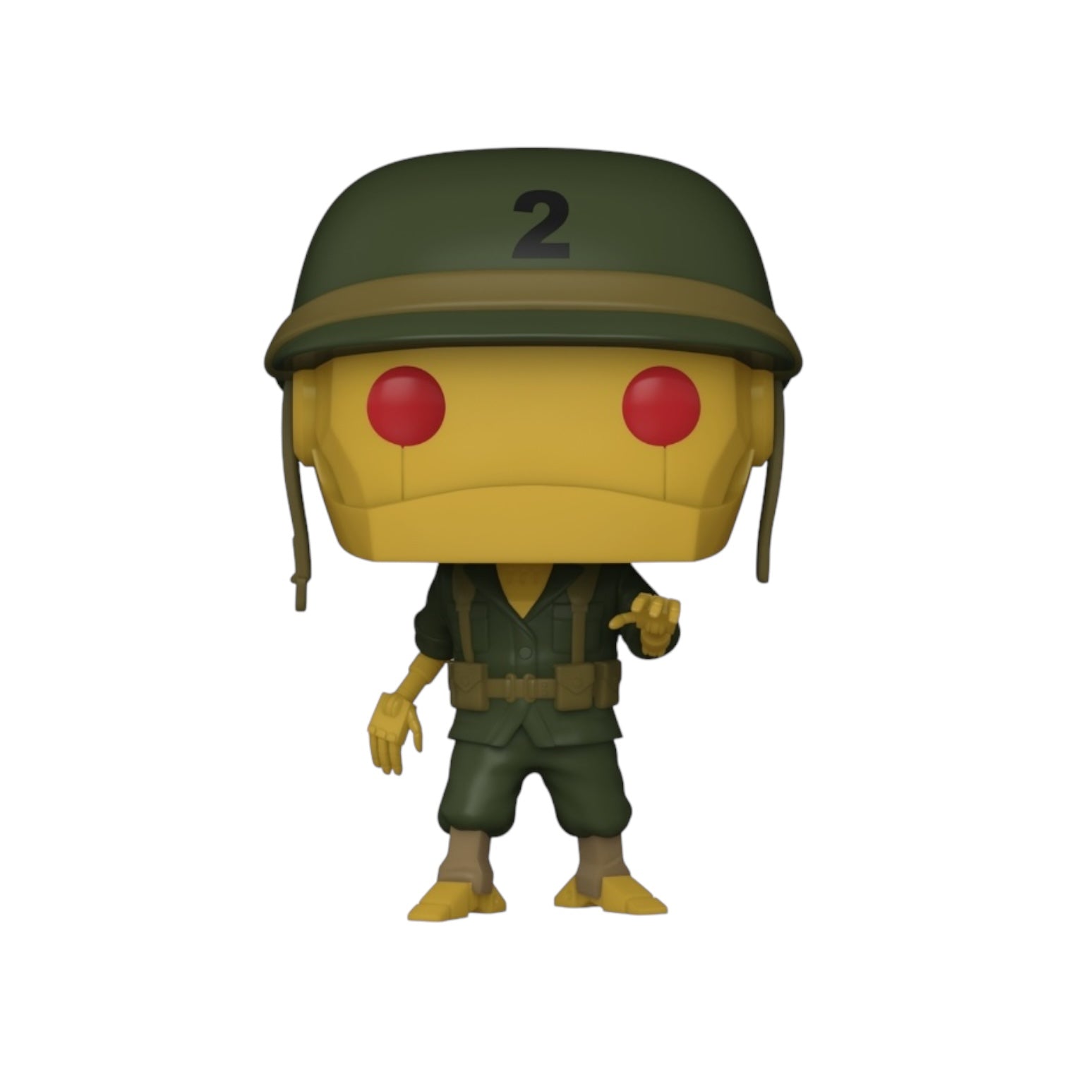 The figure has a yellow robot-like face with large red circular eyes, wearing a green military uniform and helmet with the number '2' on it