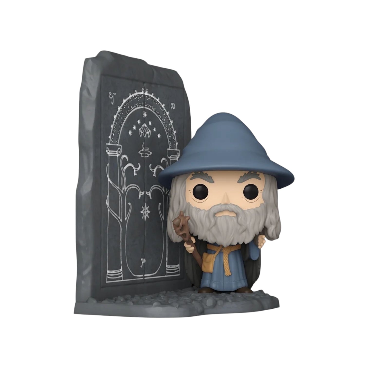 Gandolf at the door of ruin wearing his blue hat and gown with blue gown hold a staff