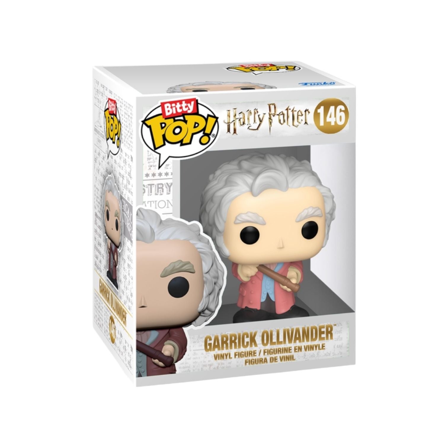 Funko Pop! vinyl figure packaging of Garrick Ollivander from Harry Potter series.