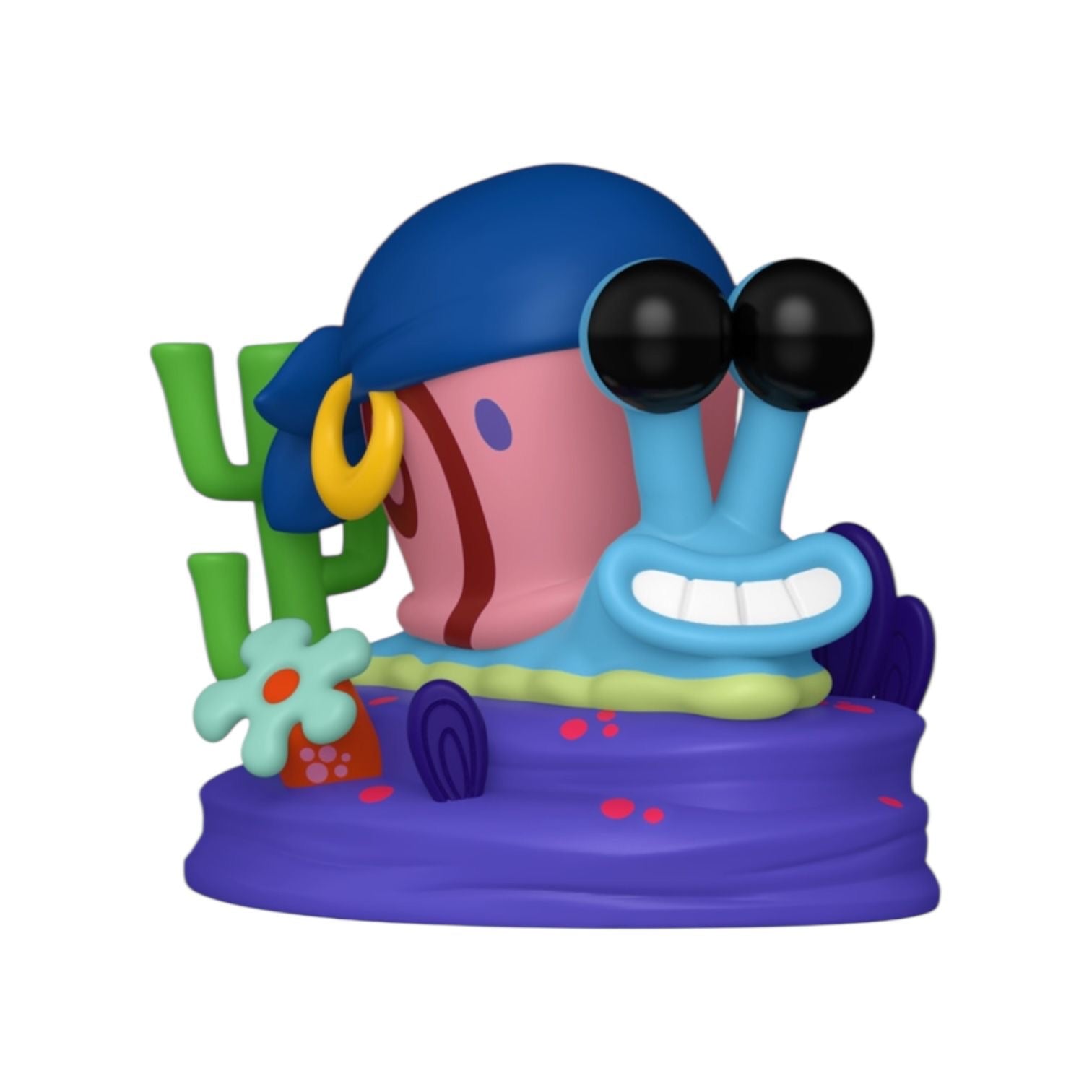 Colourful cartoon-like figurine with a blue head and purple body on a white background