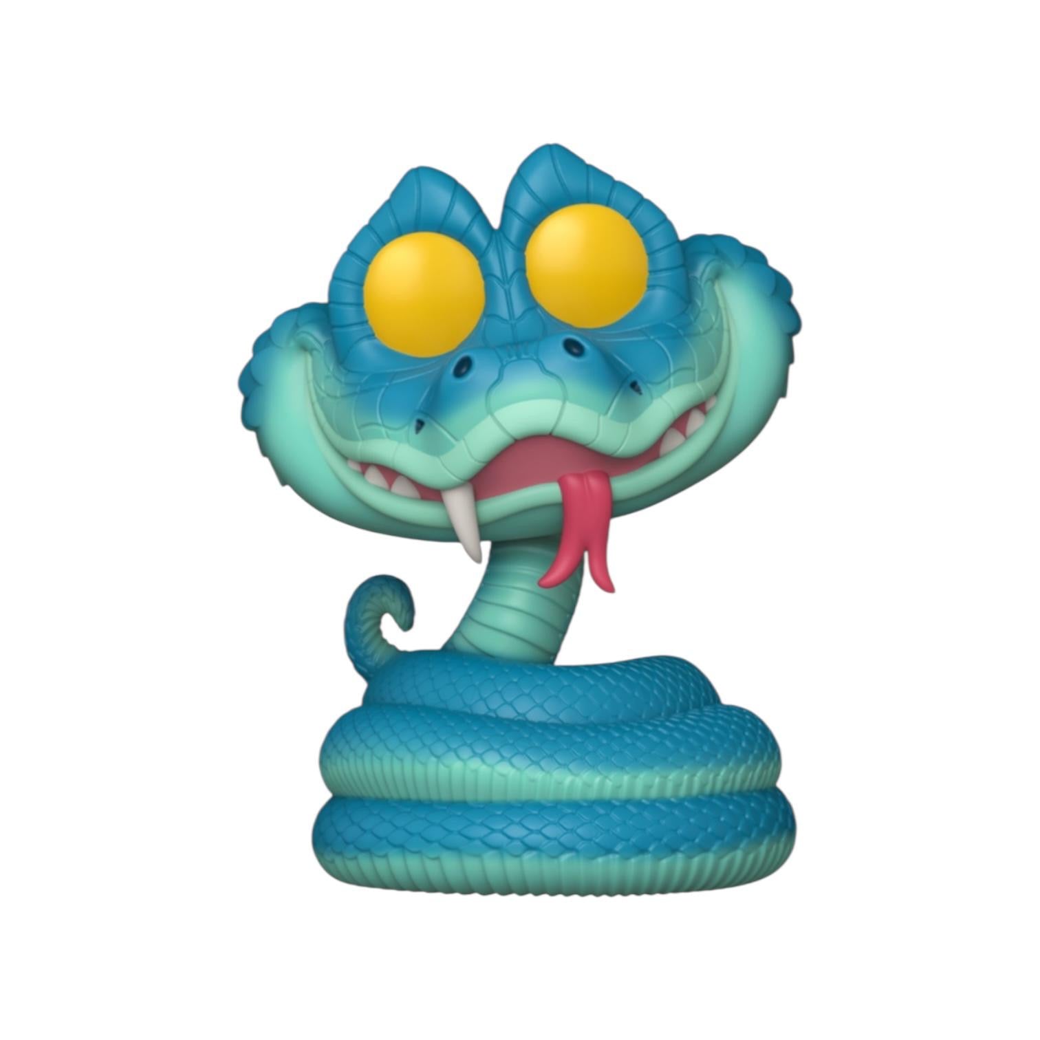 Colourful snake figurine with large yellow eyes on a white background