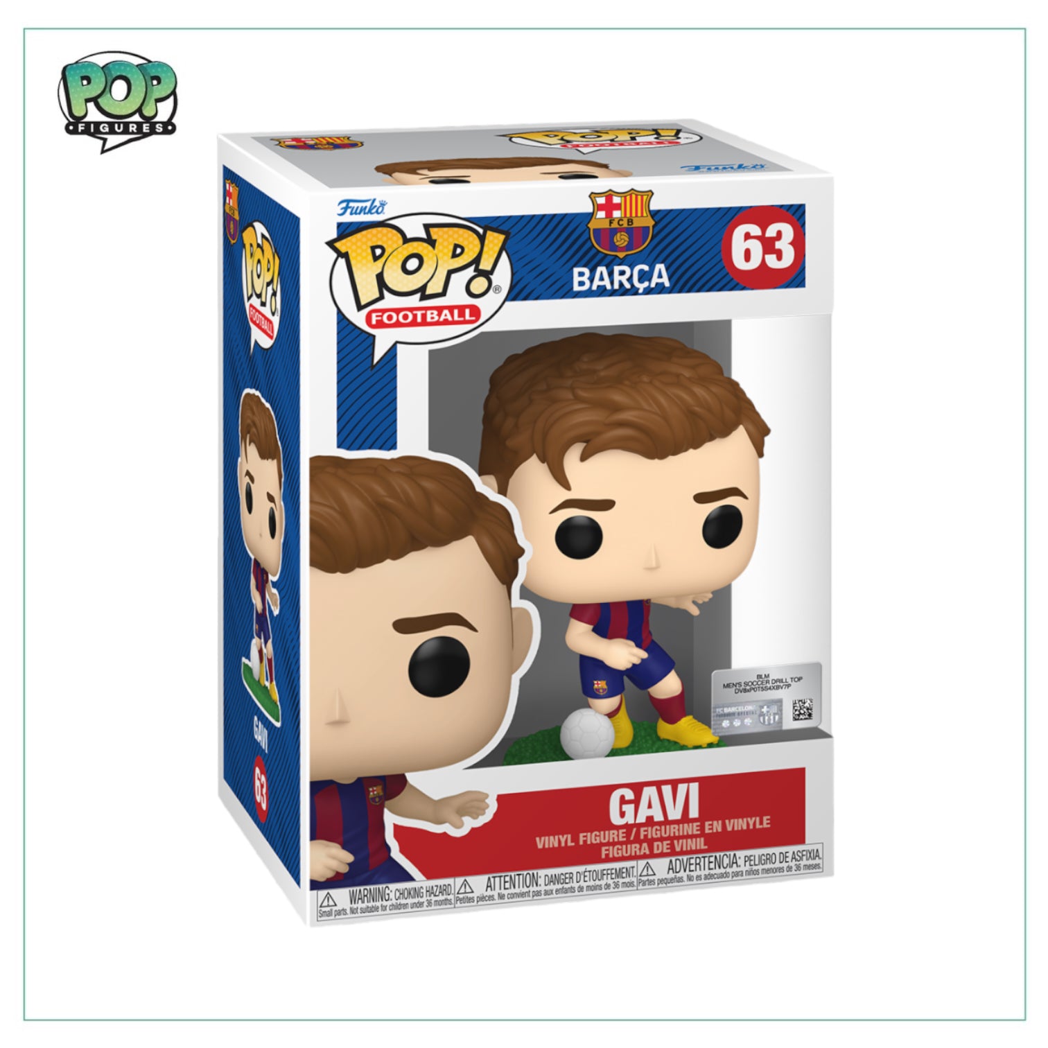 Gavi #63 Funko Pop! figure in Barcelona jersey, showcasing his unique hairstyle and a cheerful expression.