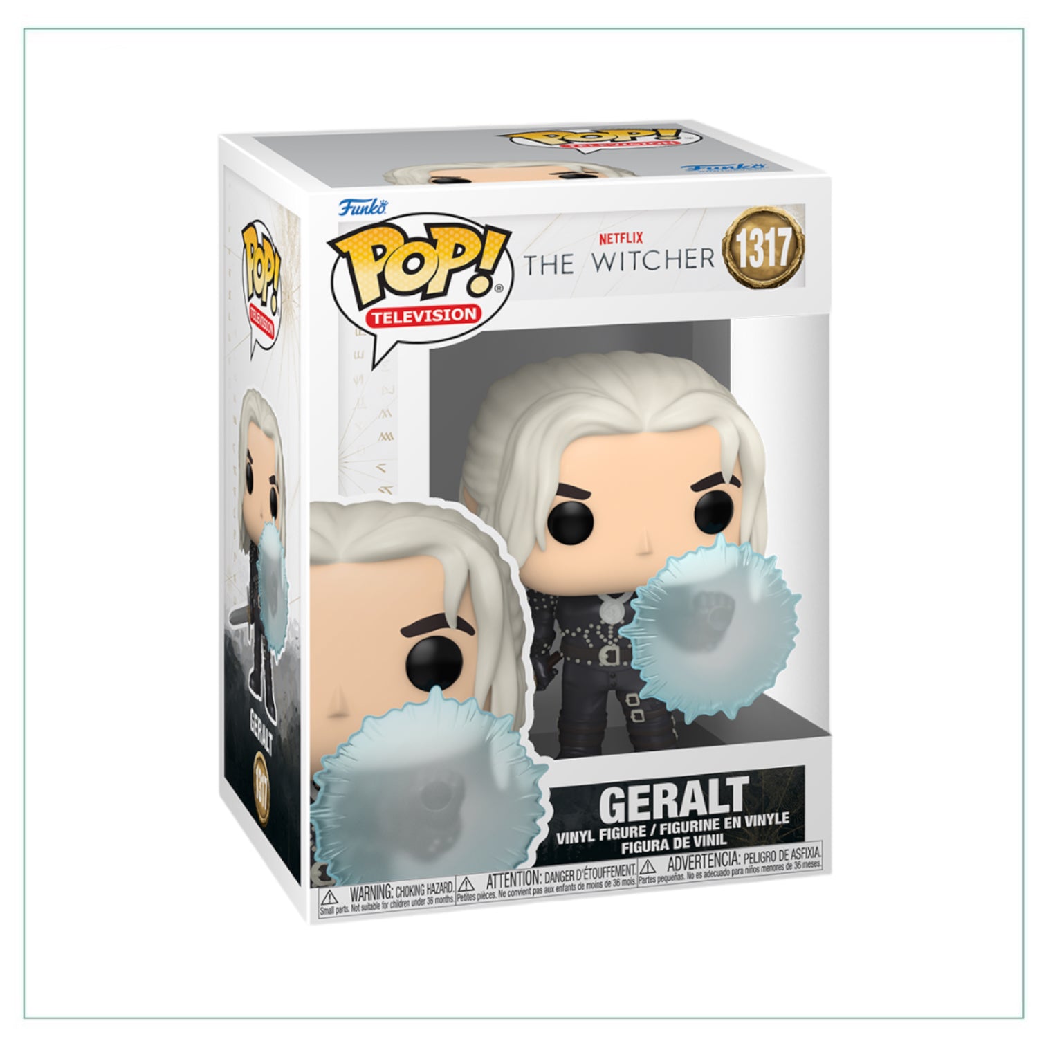 Geralt from The Witcher holding a shield, featured as a Funko Pop! collectible, #1317, showcasing his iconic look.