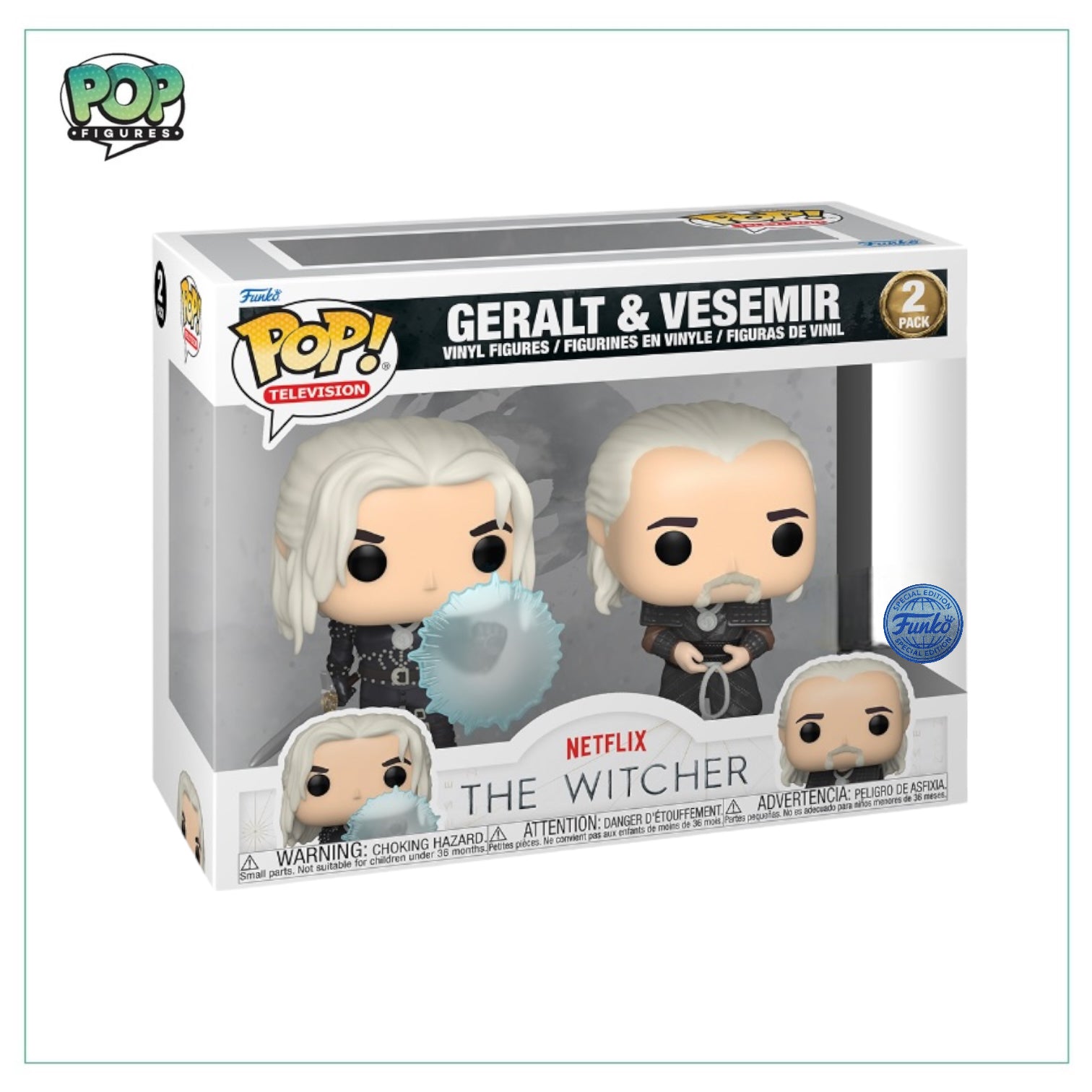 Special edition Funko Pop 2-pack featuring Geralt and Vesemir from The Witcher, rated 8.5/10 for condition.