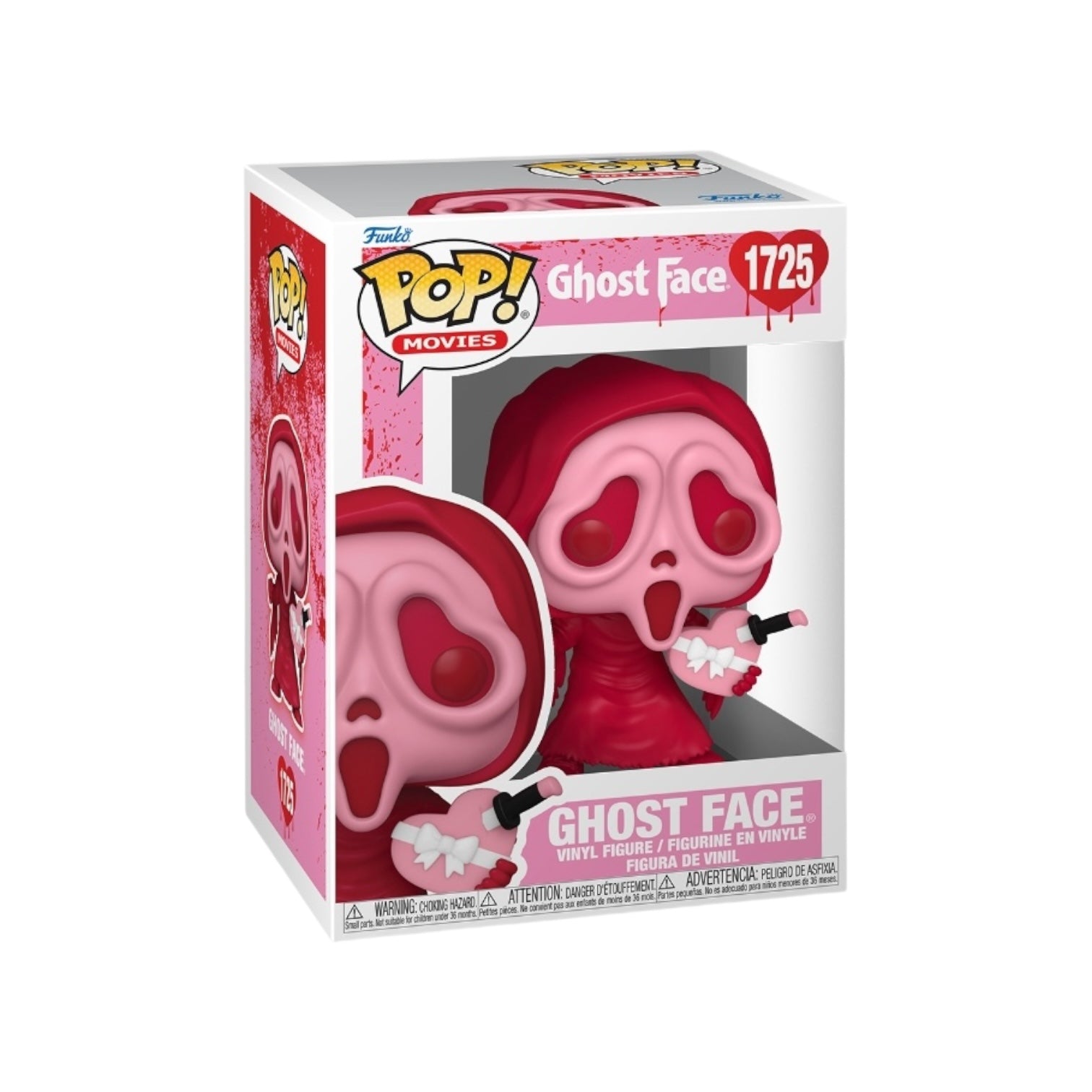 a pink version of ghostface holding a love heart shaped chocolate box with white bow, with a knife stuck in box, inside its external packaging