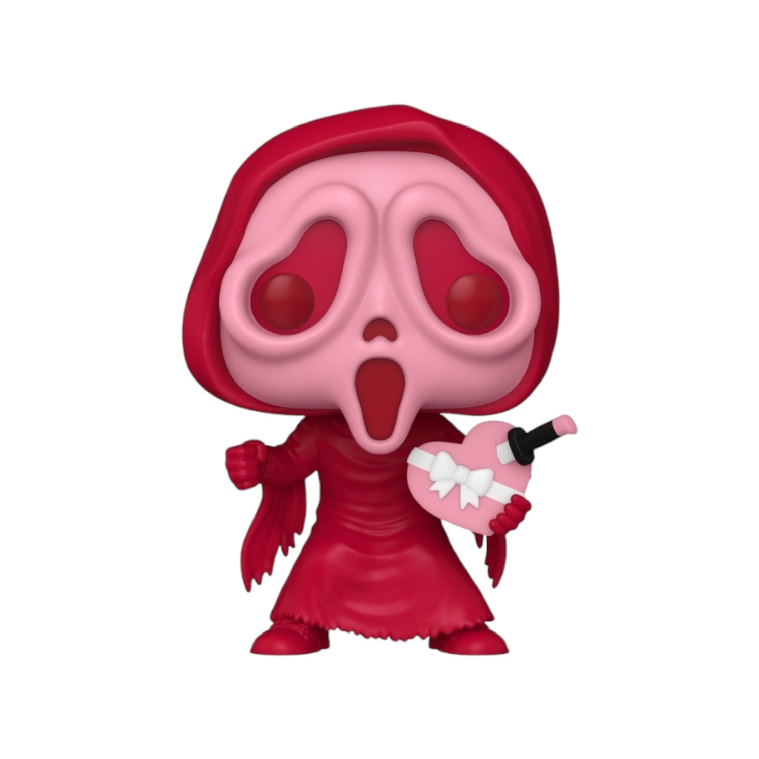a pink version of ghostface holding a love heart shaped chocolate box with white bow, with a knife stuck in box, out of packaging