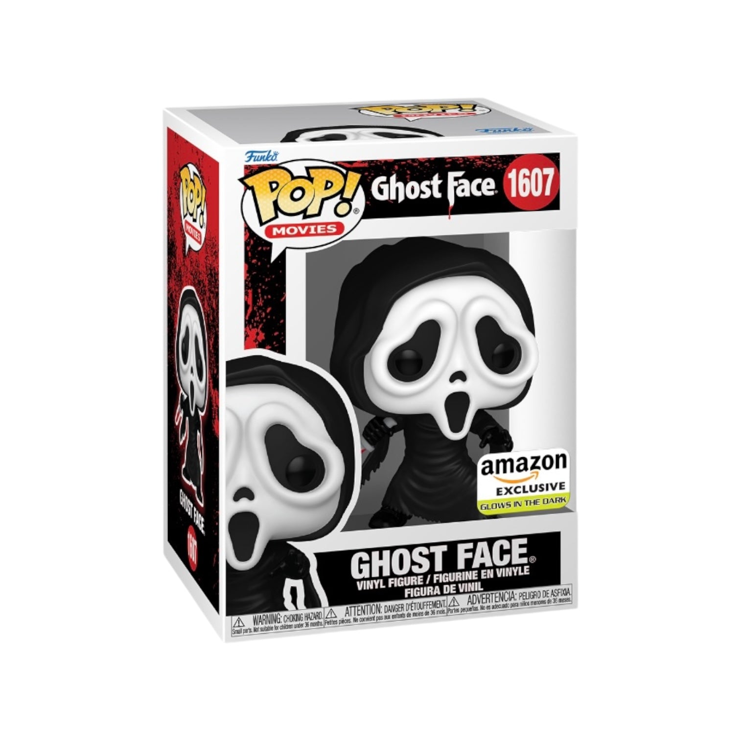 Packaged Funko Pop! Ghost Face figure number 1607, glow-in-the-dark variant, in its collector's box, labeled as an Amazon exclusive.