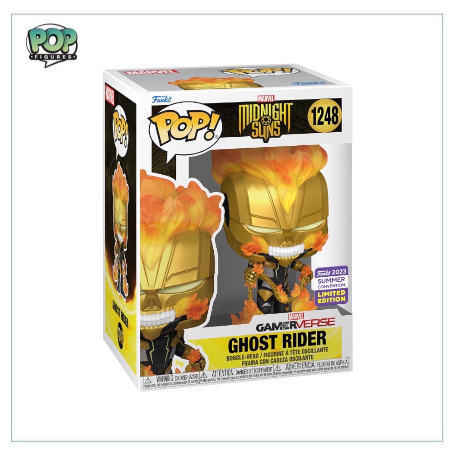 Funko Pop! Ghost Rider #1248 from Midnight Sons, a 2023 SDCC shared exclusive, showcasing the character in a dynamic pose.