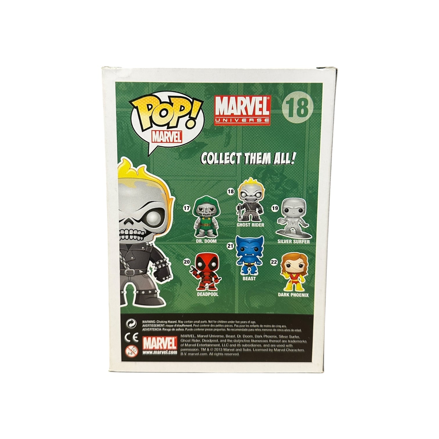 Marvel Pop! vinyl figure packaging with character illustrations on a green background