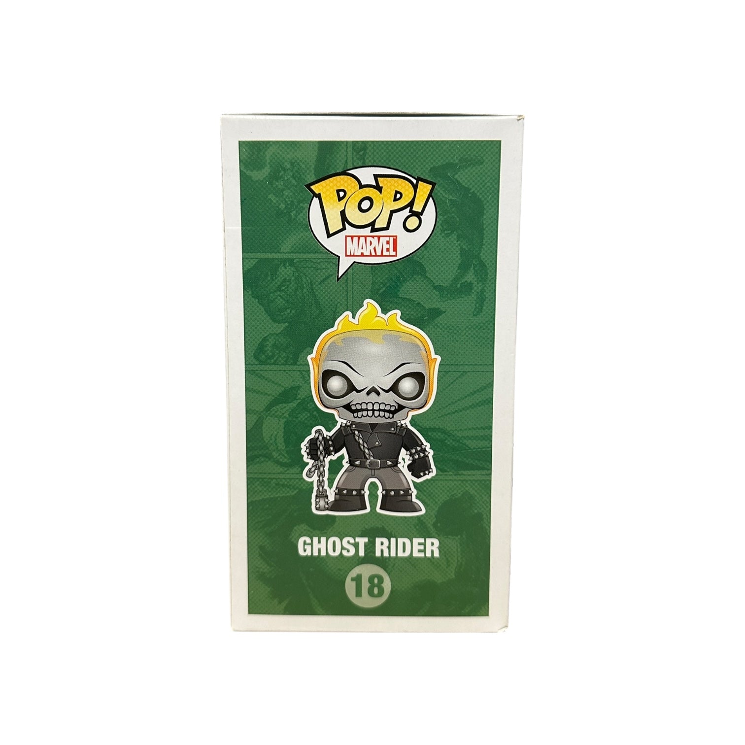 Funko Pop! Ghost Rider figure packaging on a green background