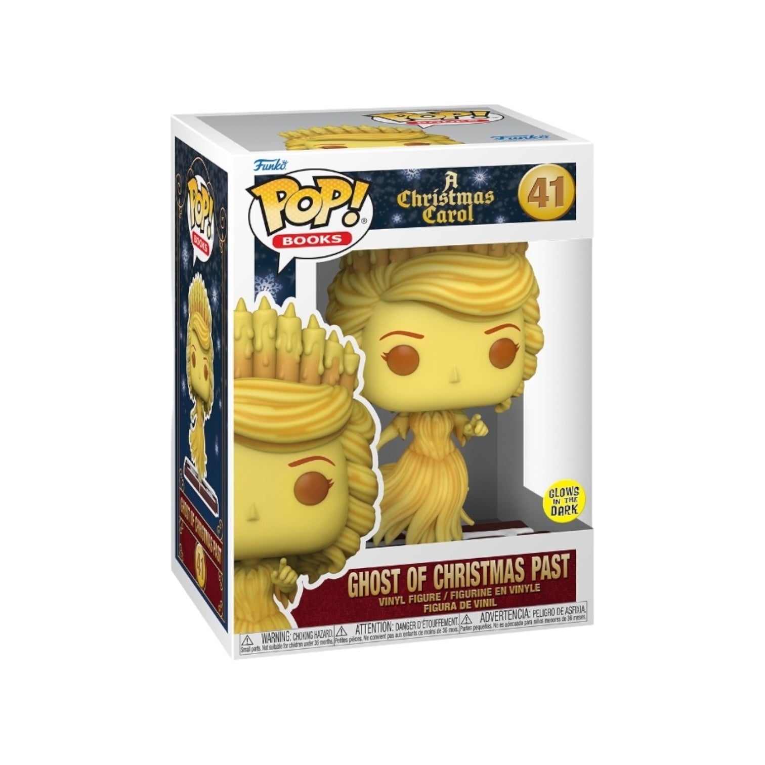 Glow-in-the-dark Ghost of Christmas Past Funko Pop! #41 from A Christmas Carol, perfect for holiday collectors.