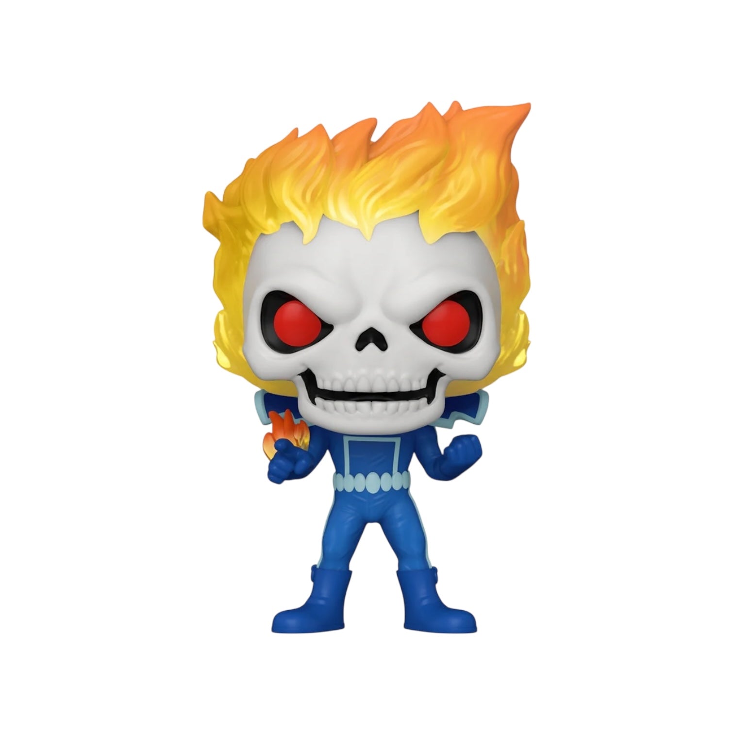 Toy figure with skull design and orange hair on a white background
