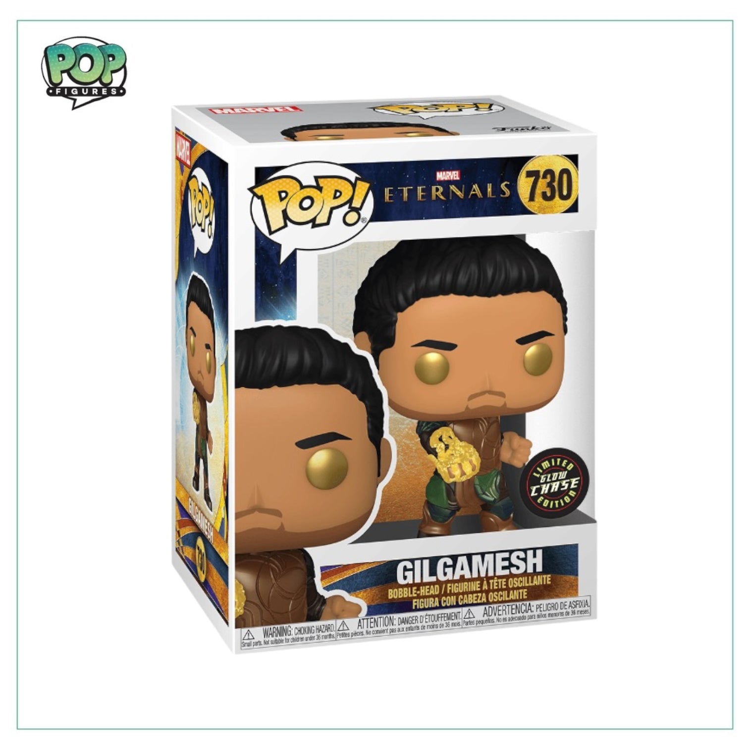 Funko Pop! figure of Gilgamesh from Eternals, featuring a glowing design and detailed superhero attire.