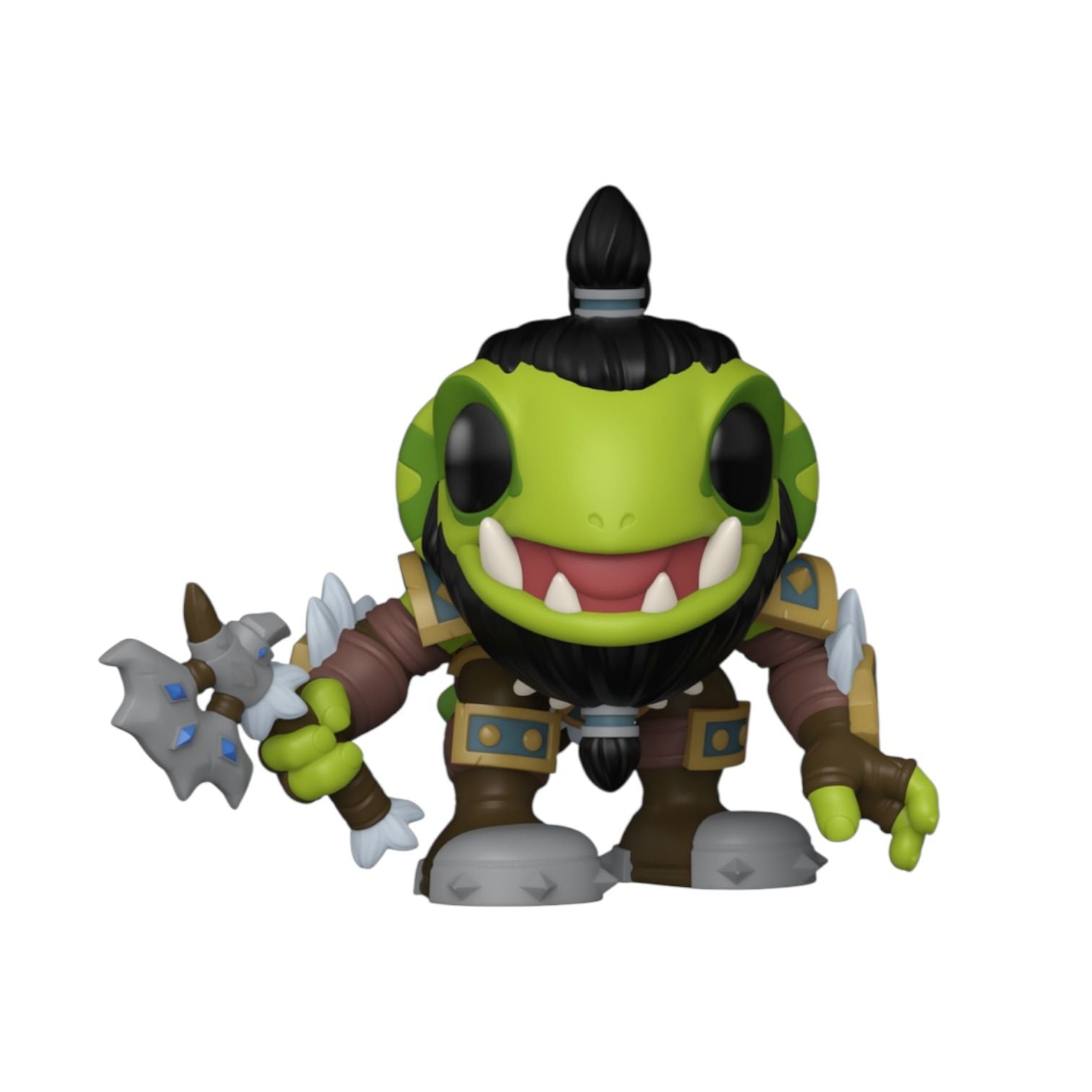 Toy figure with green head and brown body holding a weapon on a white background