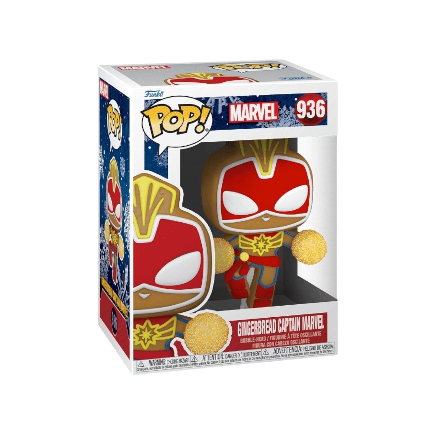 Funko Pop! #936 of Gingerbread Captain Marvel, showcasing a whimsical holiday version of the superhero in gingerbread form.