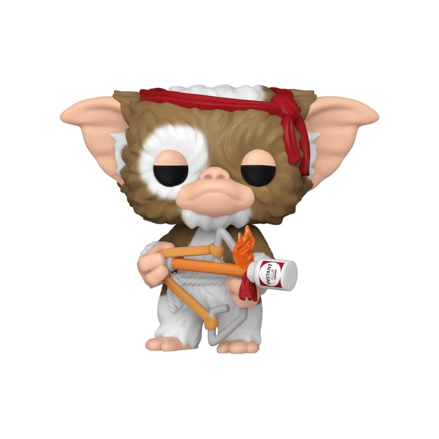 Gizmo holding a bow with o fire instant glue with a red fabric round his head