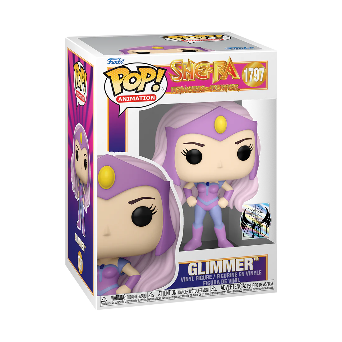 Glimmer in action pose with clenched fist on hips wearing pink and purple hero suit