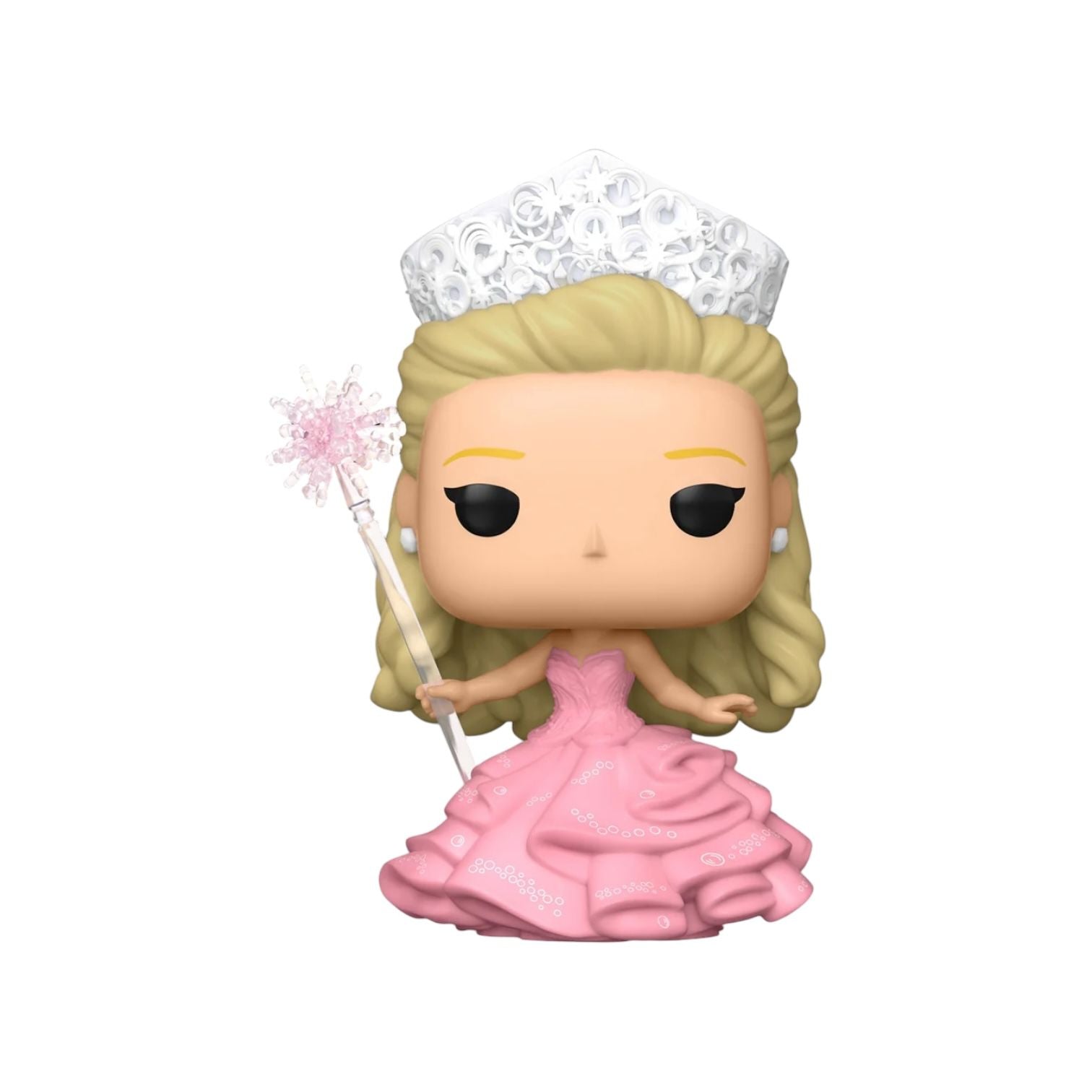 Glinda wearing a pink ballgown with a white tiara and holding a wand