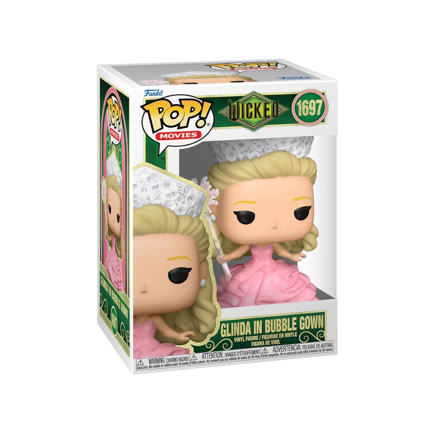 Glinda wearing a pink ballgown with a white tiara and holding a wand