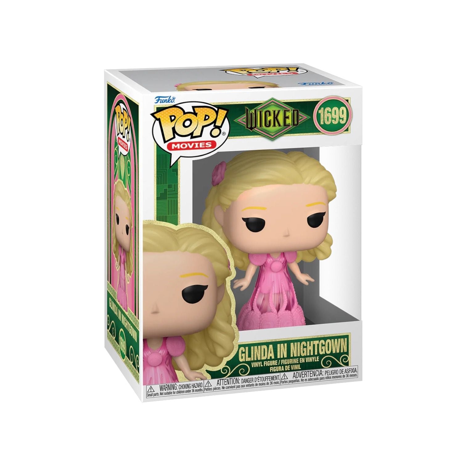 Glinda from Wicked wearing a pink nightgown with a pick flower in her blonde hair