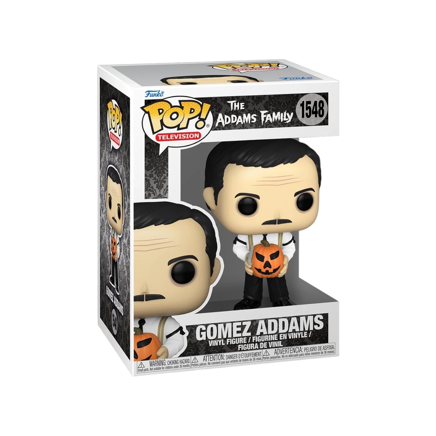 Funko Pop! figure of Gomez Addams from The Addams Family, showcasing his classic suit and charming mustache.