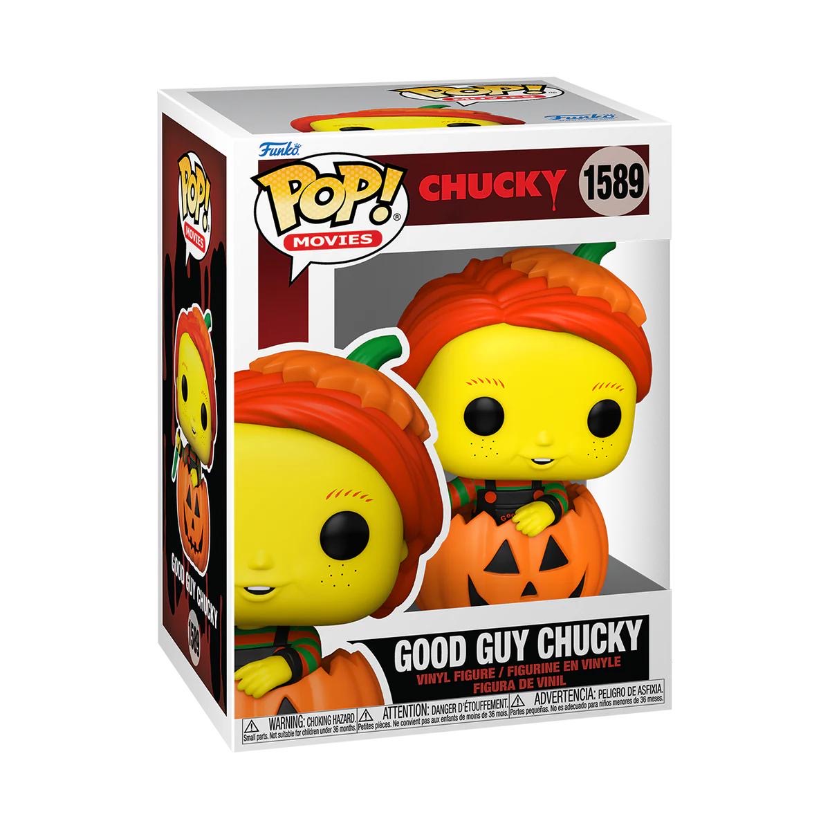 Funko Pop! Good Guy Chucky #1589, depicting Chucky with a cheerful face, wearing a colorful striped outfit.
