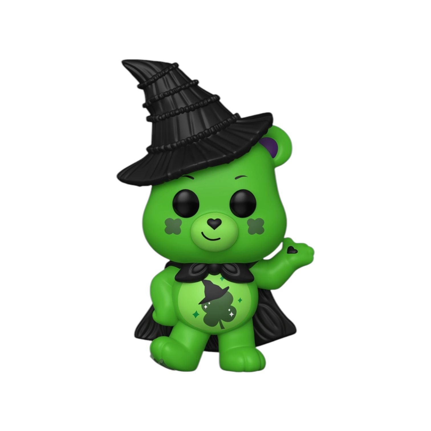 Green bear figurine with witch hat and cape on a white background