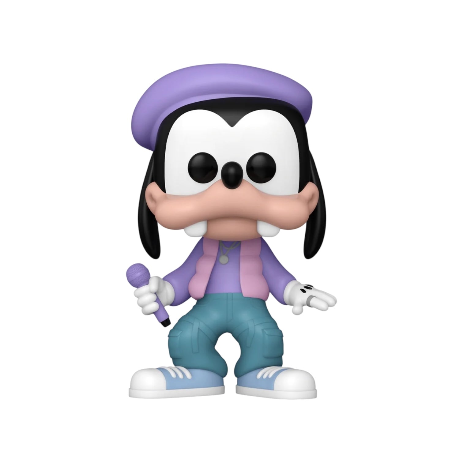 Animated character figure with a purple hat and outfit on a white background