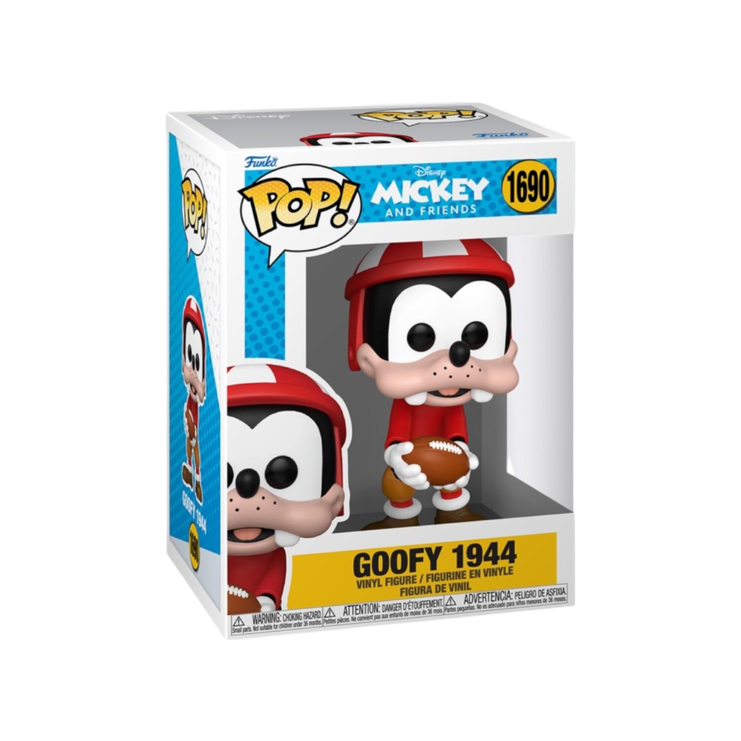 Funko Pop! vinyl figure packaging featuring Goofy with a football, in front of a white background.