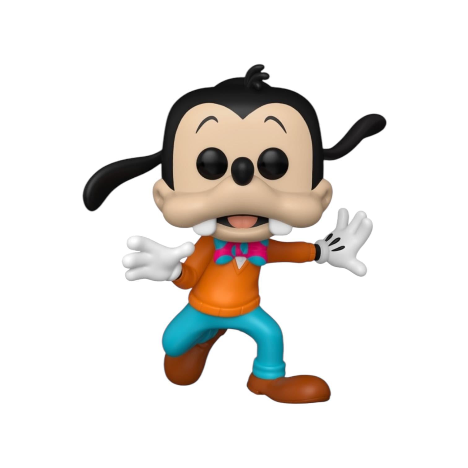 Animated character figurine with black hair, orange shirt, blue pants, and white gloves on a white background