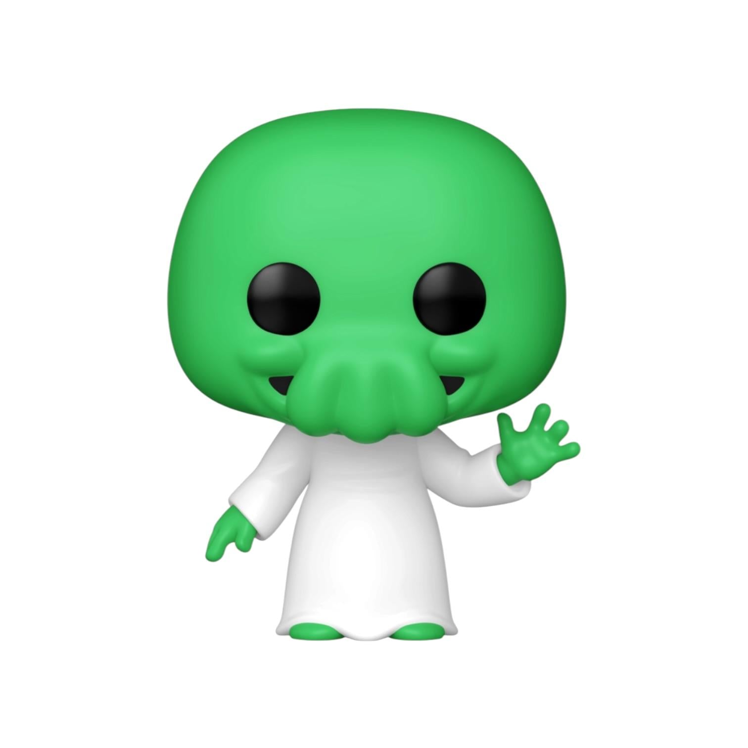 Green alien figurine with black eyes and white outfit on a white background