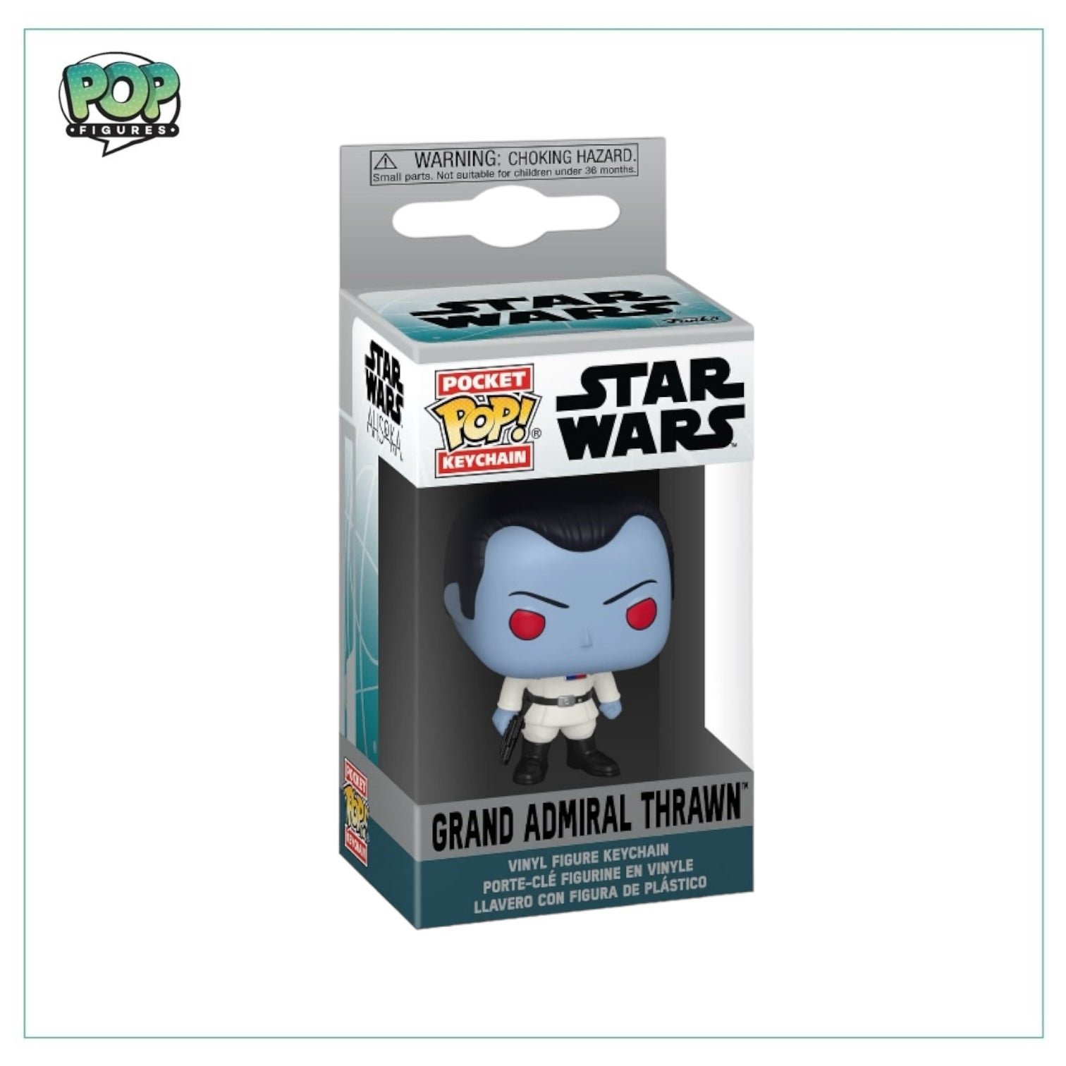 Funko Pocket Pop! keychain of Grand Admiral Thrawn from Star Wars, showcasing his blue skin and military uniform in a cute design.
