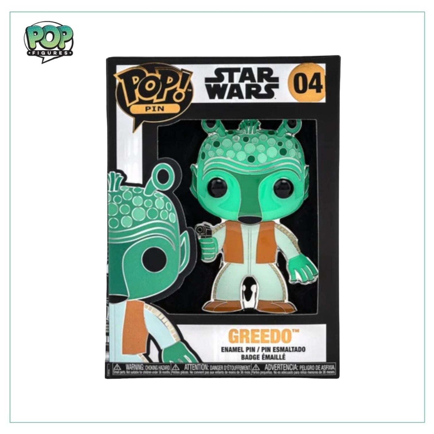 Funko Pop Pin of Greedo #04, showcasing the beloved Star Wars character with intricate details and vivid colors.
