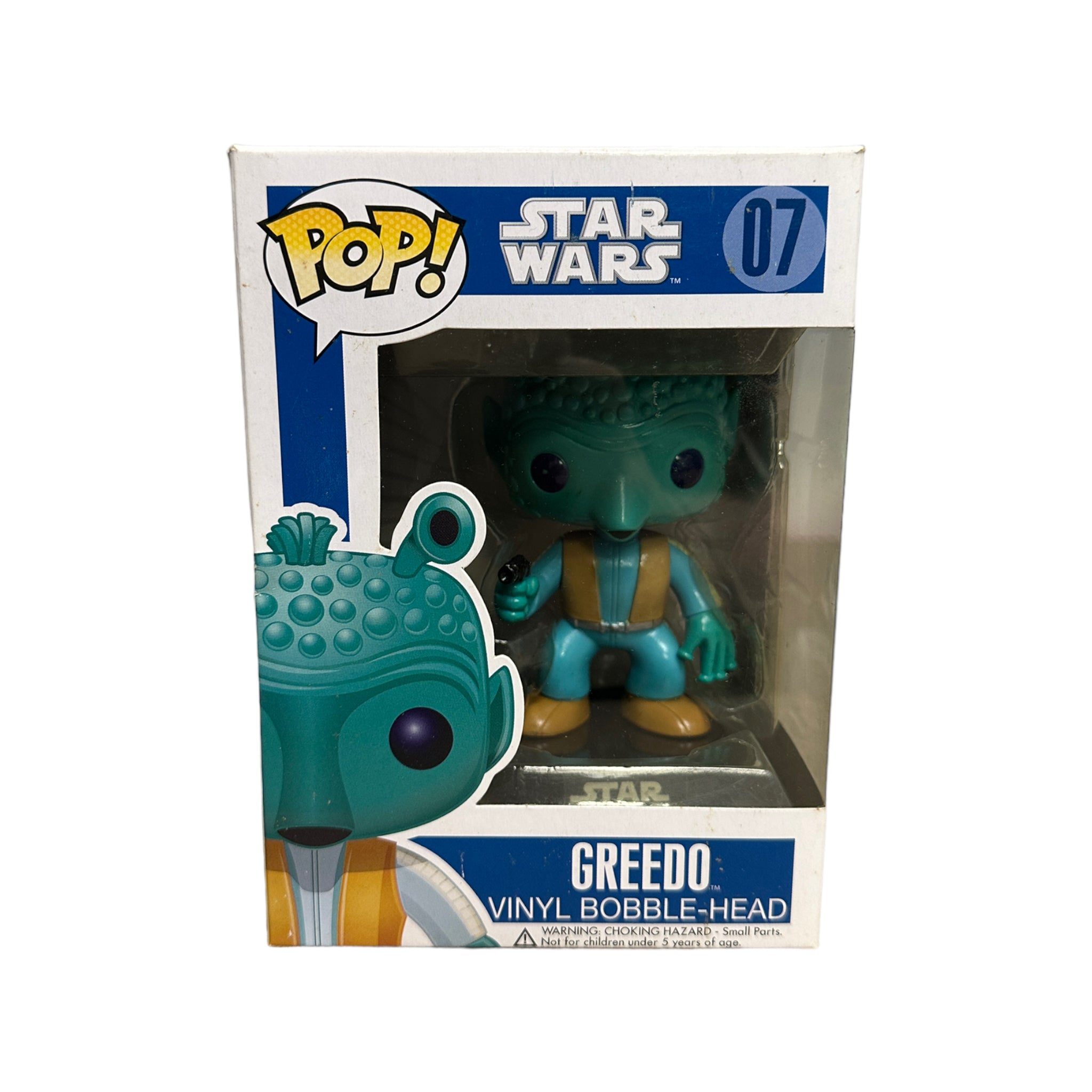 Greedo #07 Funko Pop! from Star Wars, 2011 edition, in fair condition (6/10), featuring large writing on the box.