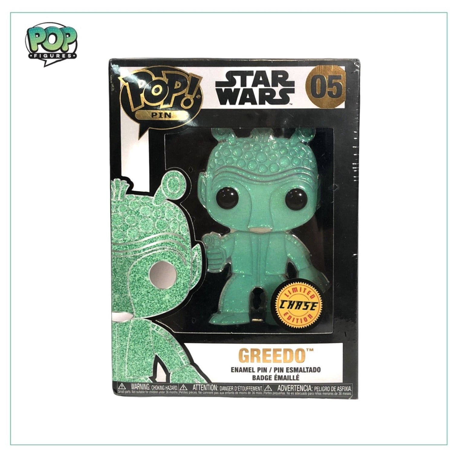 Greedo (Glitter Chase) #05 Funko Pop Pin featuring the iconic Star Wars character in a sparkling design.