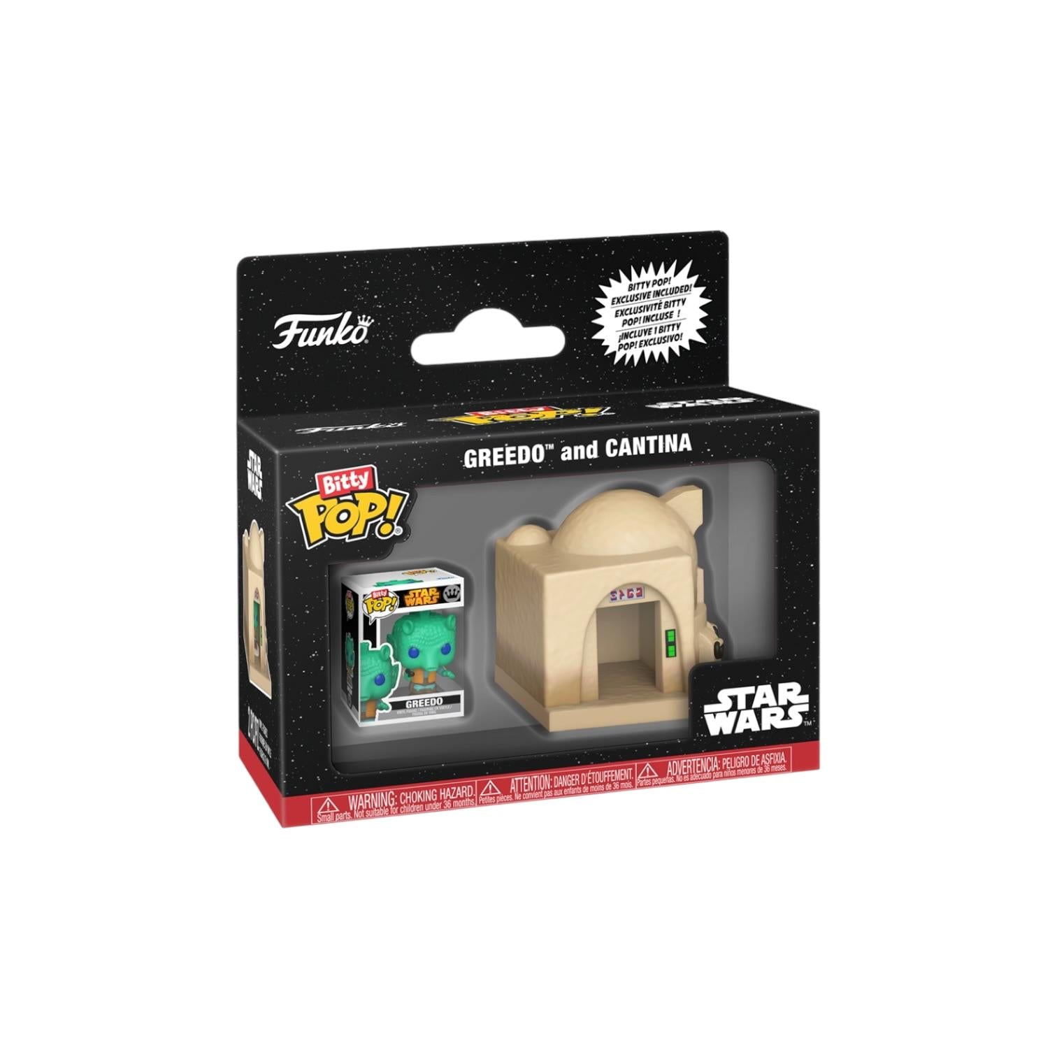 Funko Pop! packaging featuring Greedo and Cantina from Star Wars on a white background