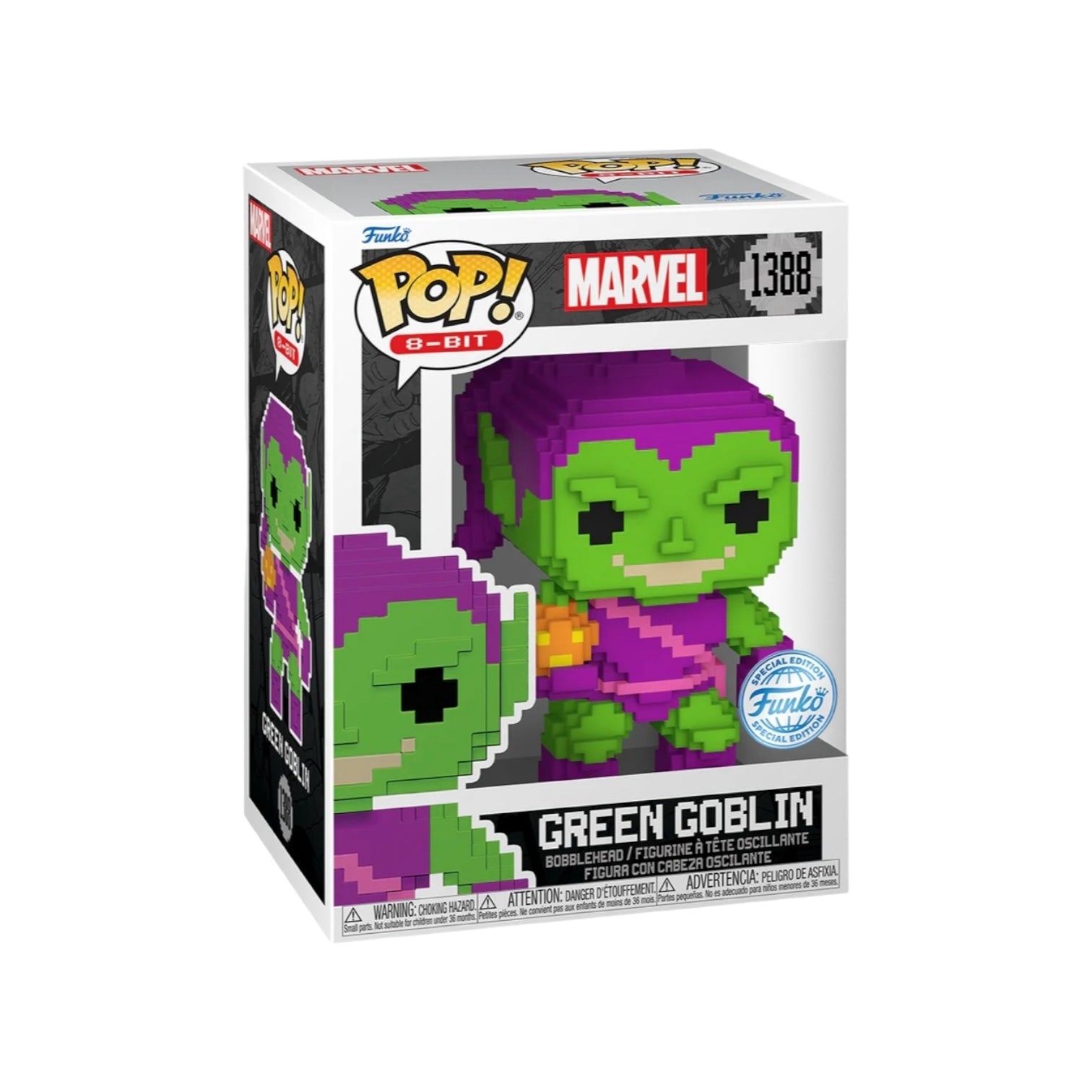 Green Goblin #1388 Funko Pop! figure in 8-bit style, part of the Marvel Special Edition collection.