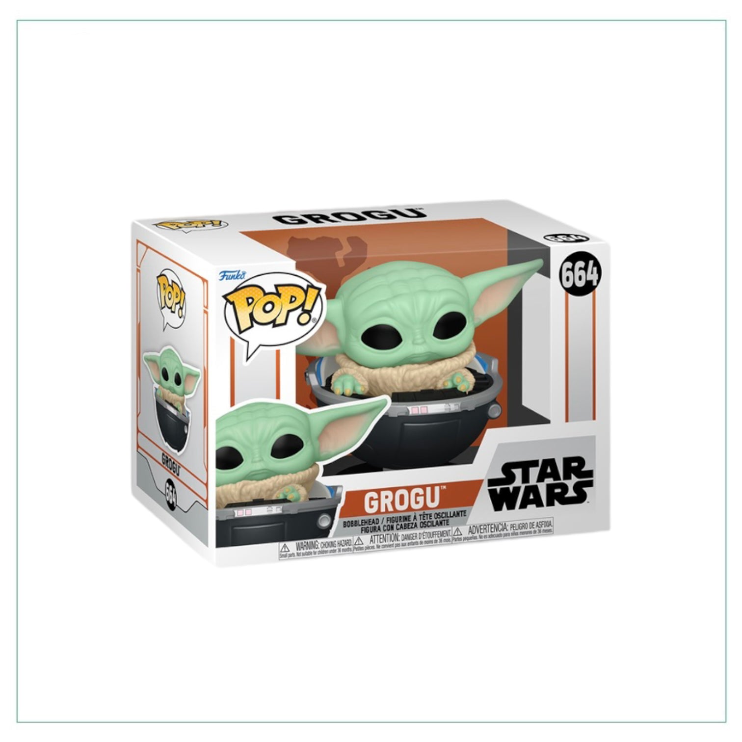 Grogu #664 Funko Pop! from The Mandalorian, featuring the adorable character with big ears and a charming expression.