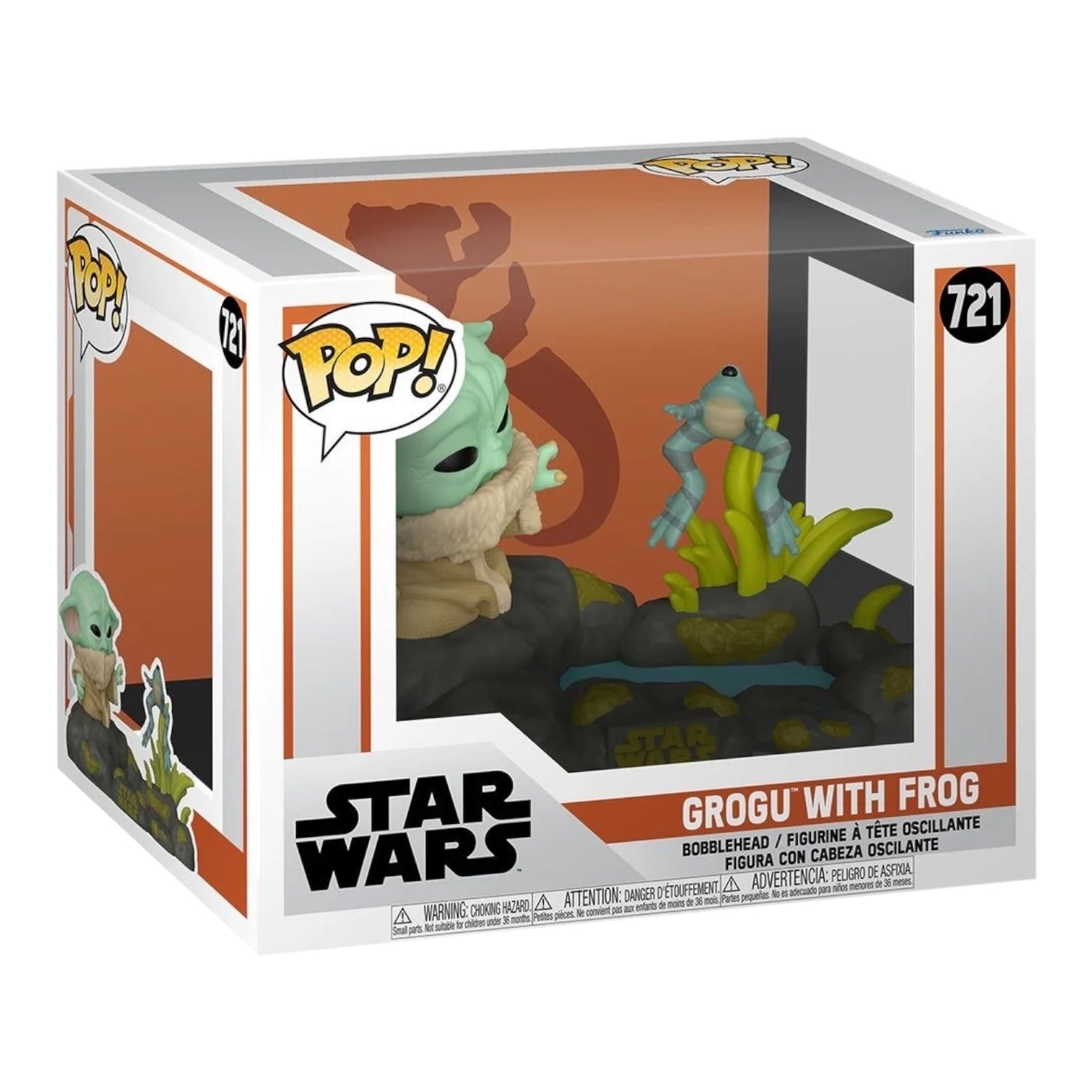Grogu holding a frog, featured in the Star Wars #720 Deluxe Funko Pop collectible figure.