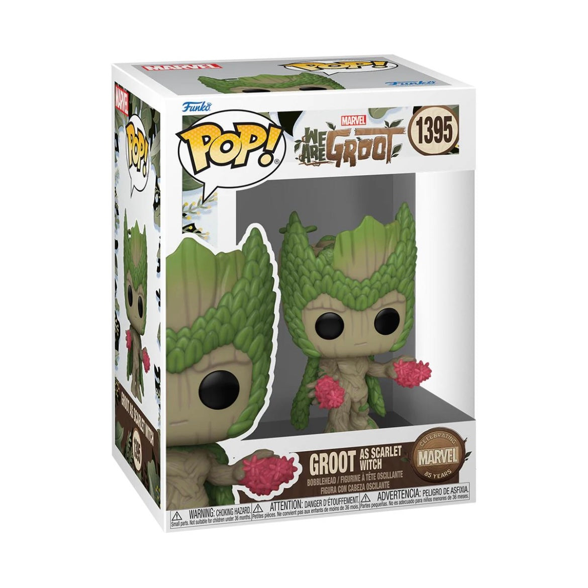 Funko Pop! of Groot as Scarlet Witch #1395, featuring Groot in a witch costume with a red cape and magical accessories.