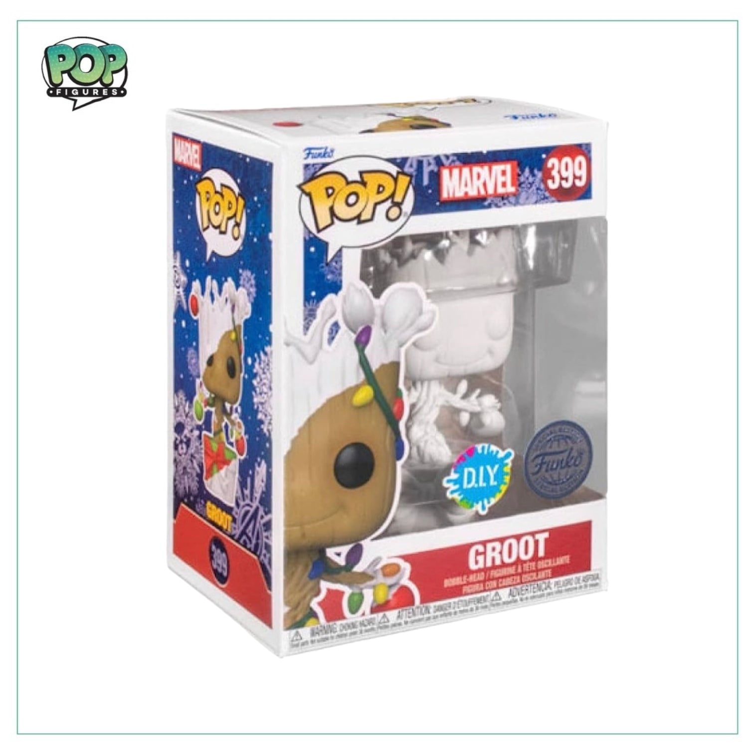 Funko Pop! Groot with lights, Marvel special edition, featuring a cute, glowing Groot figure in a vibrant design.