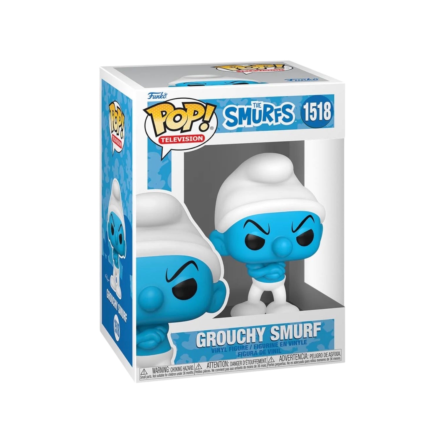 Funko Pop! Grouchy Smurf #1518, showcasing the classic blue Smurf with a grumpy expression, ideal for fans of The Smurfs.