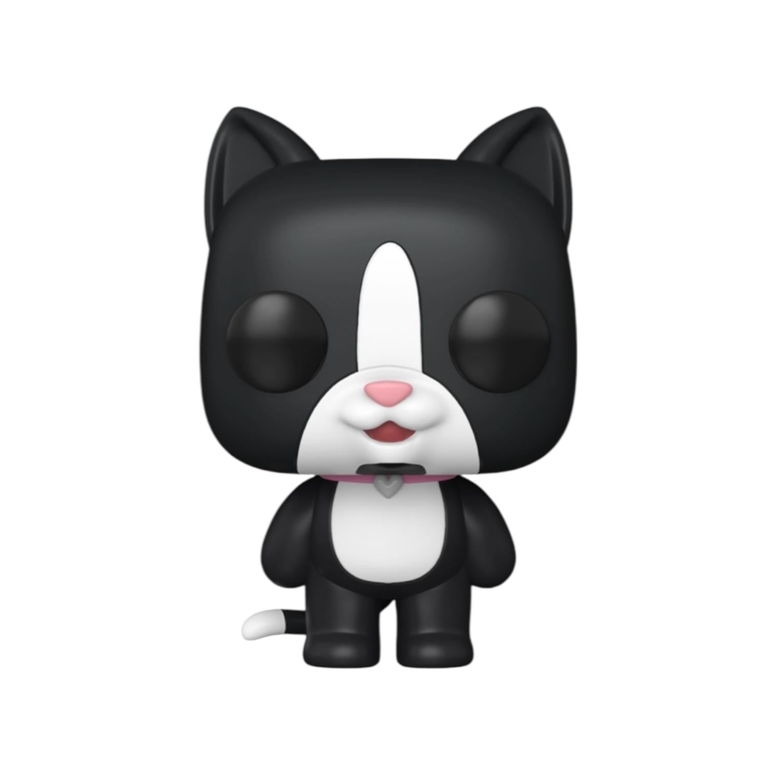 Black and white cat figurine with a pink collar on a white background