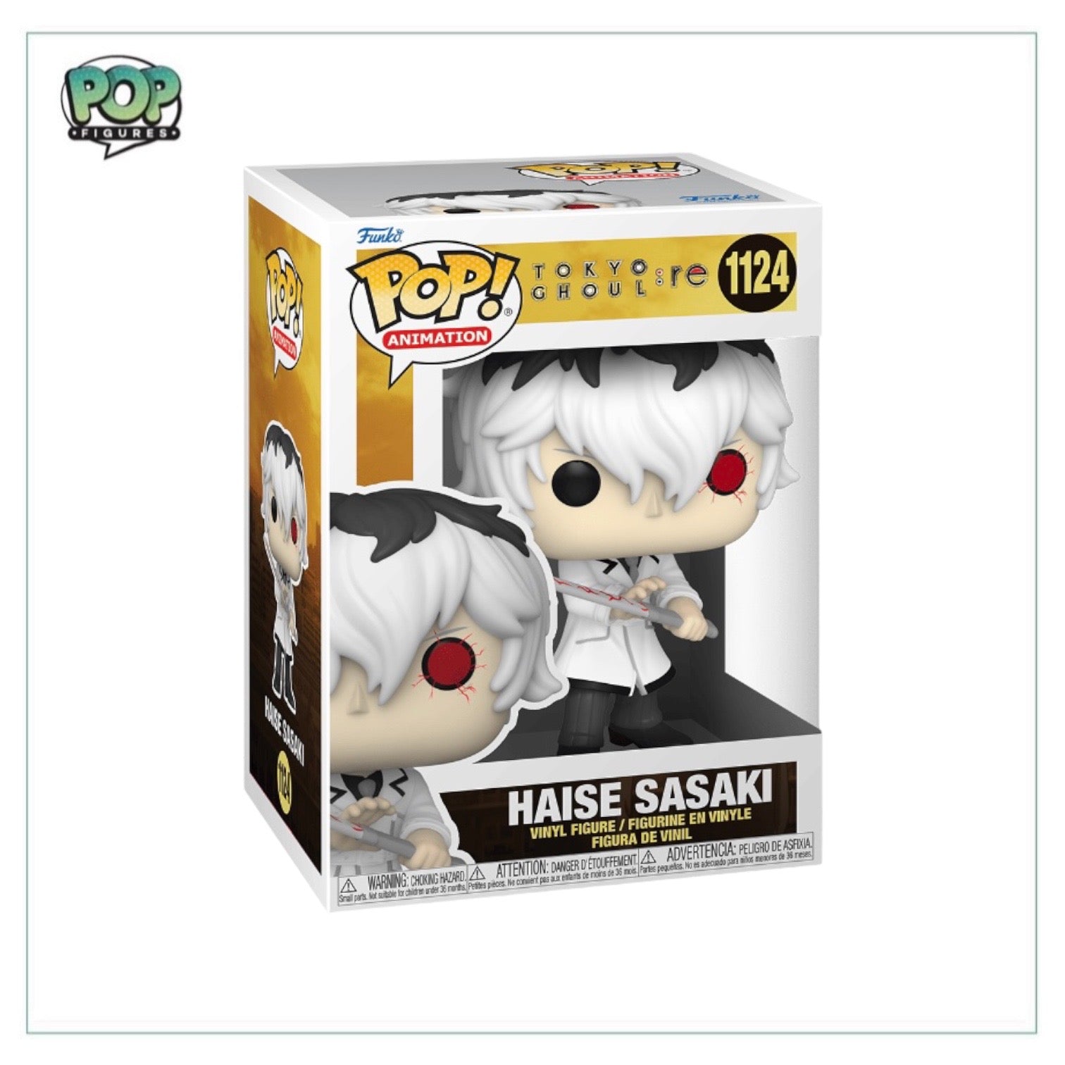 Funko Pop! of Haise Sasaki #1124 from Tokyo Ghoul, showing a character with white hair and a serious expression.