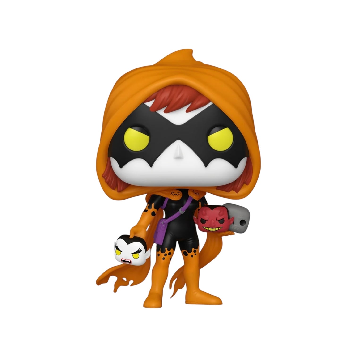 Animated character with orange hair and black face holding a small creature on a white background
