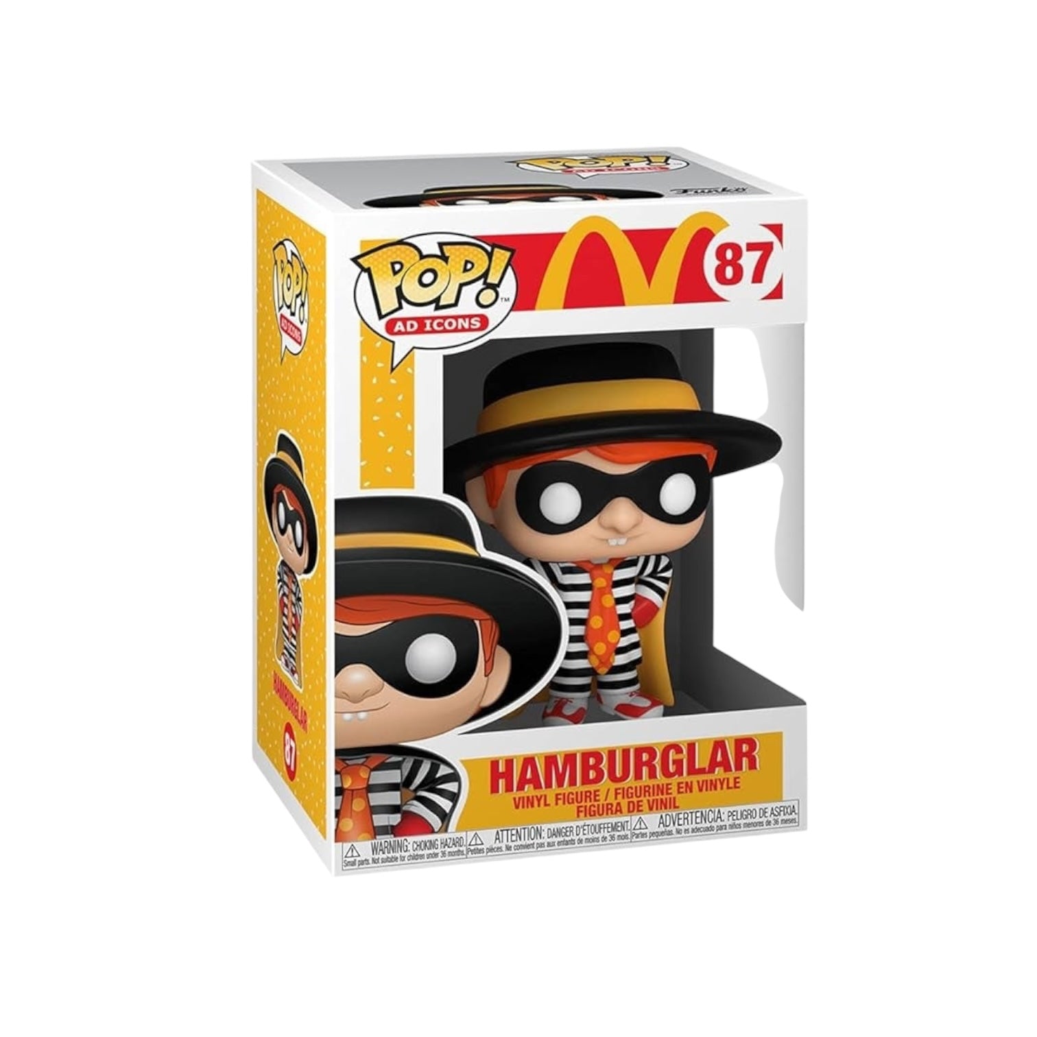 McDonalds Ad Icon Hamburglar with a blask mask, hat and cloak.